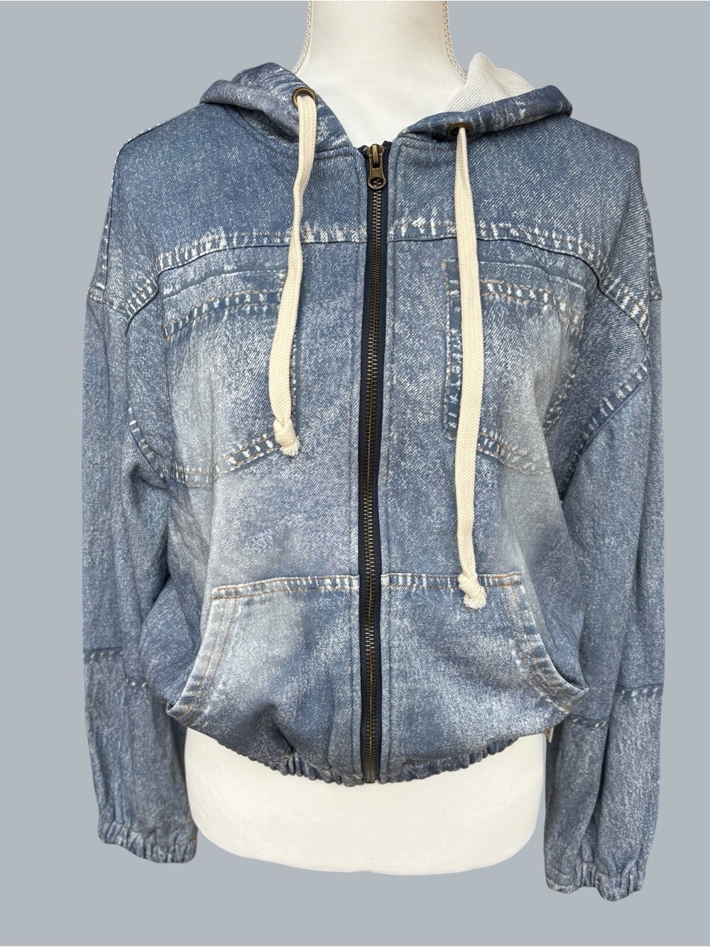 Vintage Havana Acid Wash Faux Denim Fleece Zip Up Hoodie Jacket NWT L